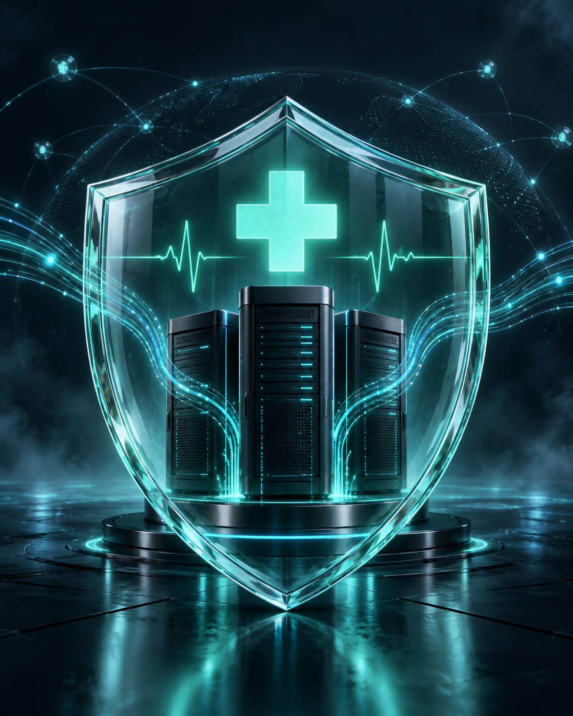 Servidores de dados de saúde protegidos por um escudo digital de vidro, com uma cruz médica e fluxos de informação em azul e verde.